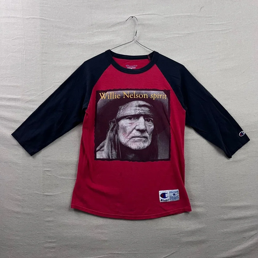 VTG Champion Willie Nelson Spirit Shirt M Red Black Raglan 3/4 Sleeve Graphic - Picture 1 of 10